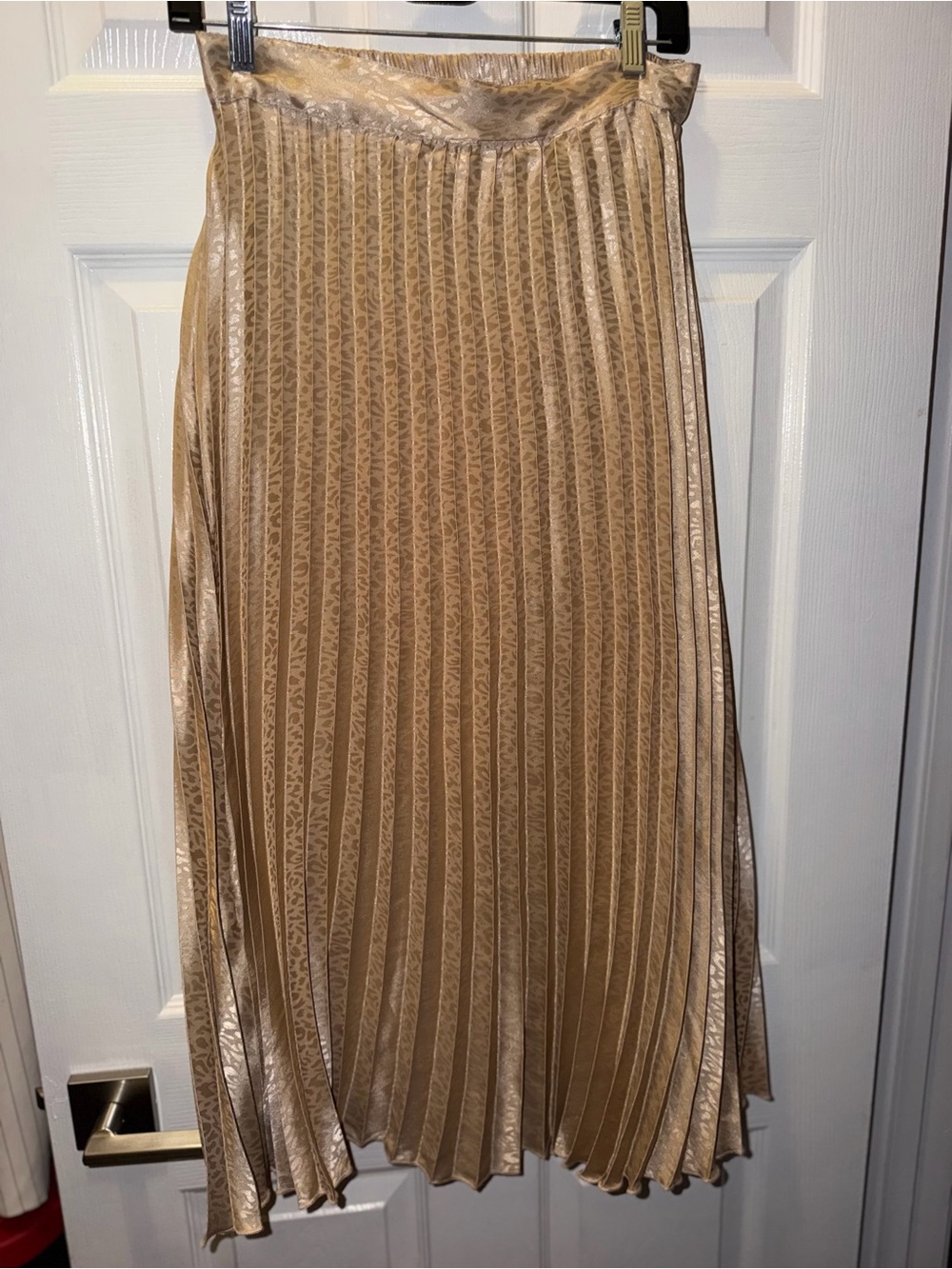 Japna Metallic Pleated Midi Skirt in Champagne Beige